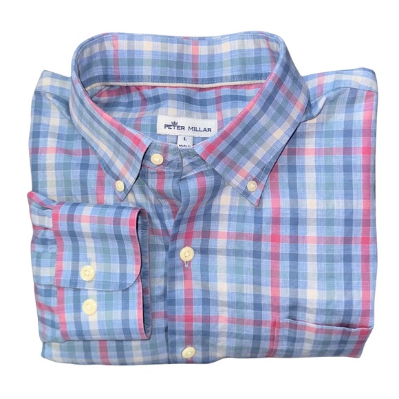 Peter Millar Crown Sport Shirt Acadia Falls Plaid Pink Blue - Picture 2 of 6